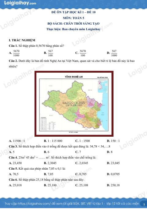 Đề kiểm tra học kì 1 Toán 5 Chân trời sáng tạo - Đề số 10